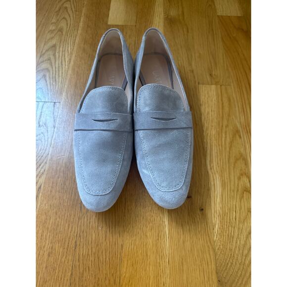 Stuart Weitzman Grey Suede Penny Loafer Neutral Flat Preppy Minimalist 7.5B - Picture 1 of 7